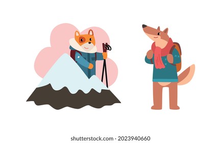 Funny Animals Traveling on Vacation Set, Amusing Dogs with Backpacks Hiking in Mountains Cartoon Vector Illustration
