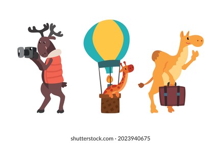 Funny Animals Traveling on Vacation Set, Amusing Giraffe, Camel, Deer Having Summer Trip Cartoon Vector Illustration