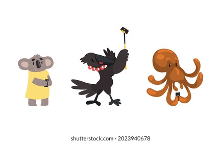 Funny Animals Using Modern Gadgets Set, Koala Bear, Octopus, Crow with Smartphones Cartoon Vector Illustration