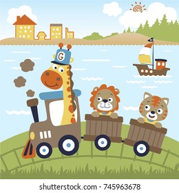 funny animals vacation with steam train on sea coast background, vector cartoon illustration