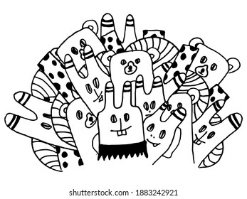 Animales divertidos. Vector, dibujado a mano, ilustración del doodle. Motivo de los niños en cuentos de hadas, caricaturas, personajes felices