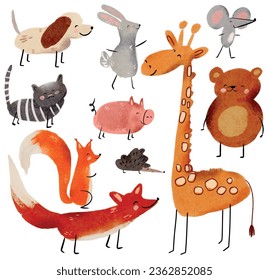 Funny animals, vector illustrations. Animals birthday party colorful clip art collection. Watercolor, ready to print. Perfect for invitation, nursery design, children products, baby shower decor
