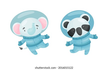 Funny Animals Wearing Astronaut Costumes or Spacesuit Floating in Space Vector Set