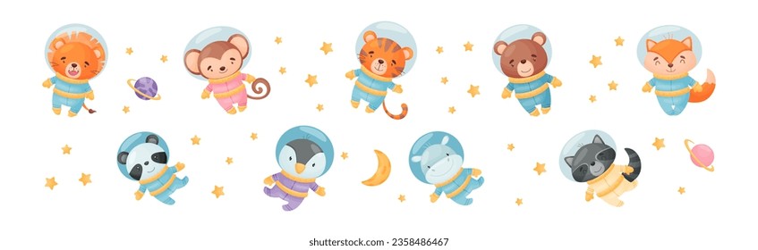 Funny Animals Wearing Astronaut Costumes or Spacesuit Floating in Space Vector Set