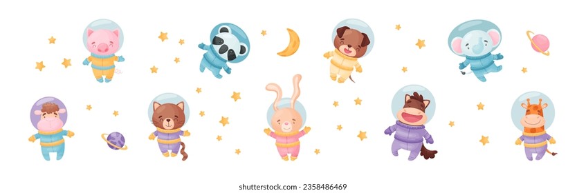 Funny Animals Wearing Astronaut Costumes or Spacesuit Floating in Space Vector Set