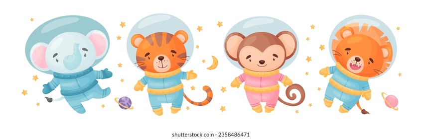 Funny Animals Wearing Astronaut Costumes or Spacesuit Floating in Space Vector Set