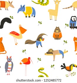 Funny animals wearing knitted sweaters and clothes seamless pattern isolated on white vector. Toucan and lion, llama and monkey, exotic mammal reading book and wearing glasses. Sloth on branch