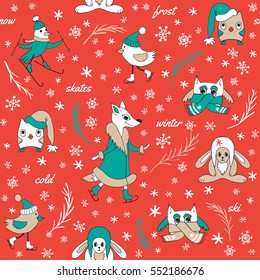 Funny animals in winter. Seamless pattern hand-drawn. Cute animals and birds on skates and skis. Fox and owl in fur coats, hats and scarves. Red background.