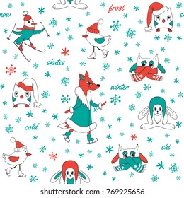 Funny animals in winter. Seamless pattern hand-drawn. Cute animals and birds on skates and skis. Fox and owl in fur coats, hats and scarves. White background.