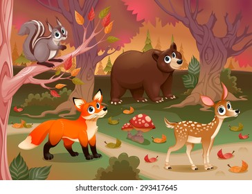 Funny animals in the wood. Cartoon vector illustration