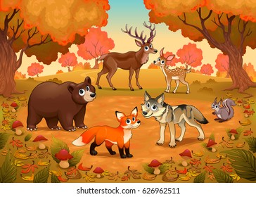Funny animals in the wood. Vector cartoon illustration