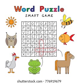 Funny animals word search puzzle. Vector smart game for children education