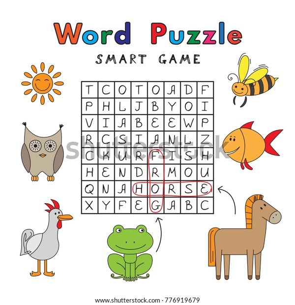 Funny Animals Word Search Puzzle Vector เวกเตอร์สต็อก (ปลอดค่าลิขสิทธิ์