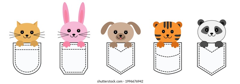 Funny animals in your pockets, cat, dog, rabbit, panda bear, tiger, pocket friends. Cute cartoon character. Design of T-shirts, postcards. Collection of Pet Kids Background. Vector illustration