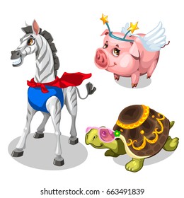 Funny animated animals in colorful clothes isolated on white background. Turtle in a rose-colored glasses, Zebra and pig. Vector cartoon close-up illustration.