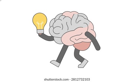 Funny animated brain walking with black legs and arms while clutching a bright yellow lightbulb representing active thinking.