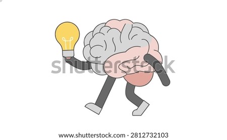 Funny animated brain walking with black legs and arms while clutching a bright yellow lightbulb representing active thinking.