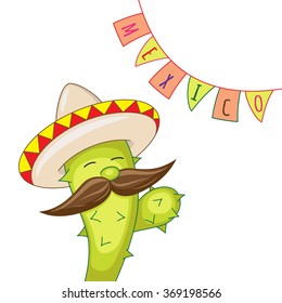 Funny animated cactus in bright sombrero. Mexico. Vector illustration.