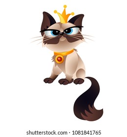 Funny animated cat with Golden crown isolated on a white background. Vector cartoon close-up illustration.