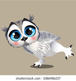 Funny animated polar owl standing on one paw isolated on gray background. Vector cartoon close-up illustration.