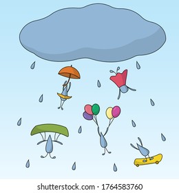 Funny animated raindrops falling from a rain cloud
