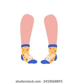 Funny ankle-high socks with bunny on female or kids feet, flat vector illustration isolated on white background. Pair of socks with touch of humor design.