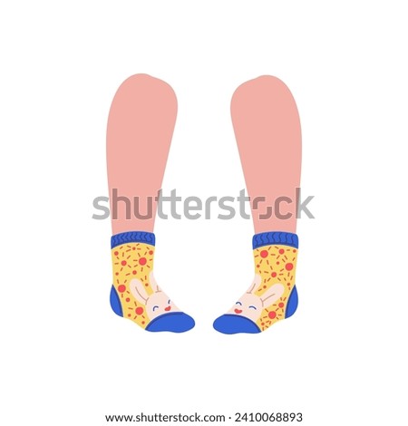 Funny ankle-high socks with bunny on female or kids feet, flat vector illustration isolated on white background. Pair of socks with touch of humor design.