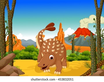 funny Ankylosaurus Dinosaur cartoon with forest landscape background