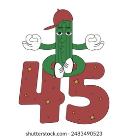 Funny anniversary party invitation card template. Design of 45 jubilee art with groovy cactus isolated white background. Simple flat vector illustration can used postcard cover print, birth invite.