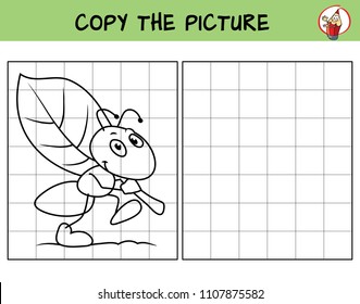 Funny ant is carrying a leaf. Copy the picture. Coloring book. Educational game for children. Cartoon vector illustration
