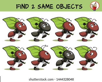 Funny ant is carrying a leaf. Find two same pictures. Educational game for children. Cartoon vector illustration