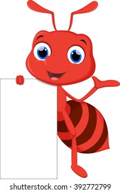 funny ant cartoon posing with blank sign