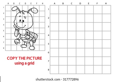 funny  ant game. Vector illustration of grid copy puzzle with happy cartoon  ant for children