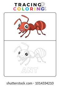 Funny Ant Insect Animal Tracing and Coloring Book with Example. Preschool worksheet for practicing fine motor and color recognition skill. Vector Cartoon Illustration for Children.