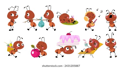 Funny ant. Isolated little ants different emotions. Cute insects working and resting, sleeping and moving. Childish cartoon mascots, nowaday vector set