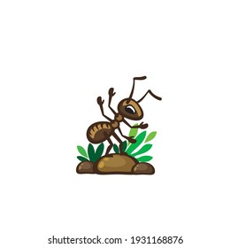 Funny ant on a rock. Illustration for children.