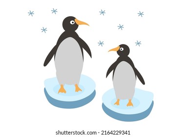 Funny Antarctic wild animals, penguins standing on ice. Colourful vector illustration in flat style.