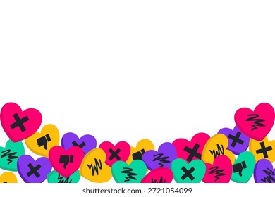 Fundo anti-Valentine engraçado com espaço de cópia de borda inferior. Modelo de rejeição com corações doces com símbolos de antipatia. Layout de design plano vetorial para faixa sarcástica ou postagem de mídia social.