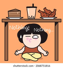 Funny Anxious Girl Meditating While Sitting Under Kitchen Table At Home. The Mindful Eating Meditation Concept Card Character illustration