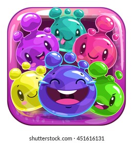 Funny App Icon For Application Store Logo With Cute Cartoon Colorful Jelly Characters. Kids Game Asset, Vector Illustration.