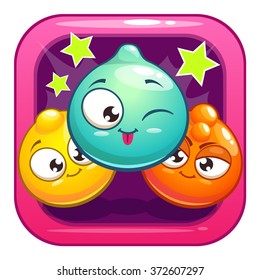 Funny app icon with cartoon jelly characters, vector gui element