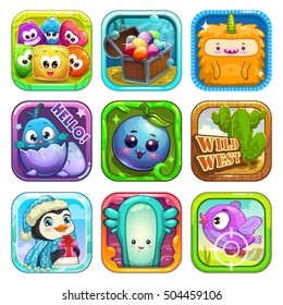 Funny app icons set. Vector game assets for application store. Cartoon childish illustrations.