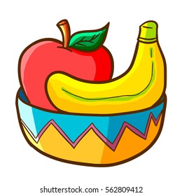 Funny apple and banana in a green blue orange bowl - vector.