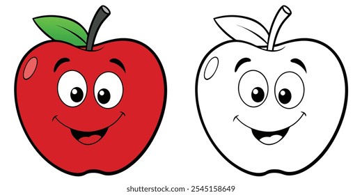 Engraçado Apple Desenho Animado Páginas Para Crianças. Red Apple Cartoon Character Coloring Book Imprimível. Fácil coloração de maçã. Ilustração do vetor de desenhos animados com sorriso da Apple