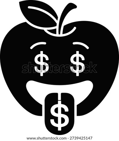 A funny apple character with dollar eyes and tongue hanging out representing greed, wealth and prosperity. Shows the desire for money, business success and earnings