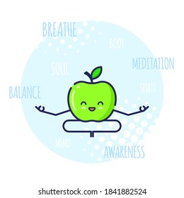 Funny Apple Character Meditating in Lotos Pose Padmasana. Yoga Classes. White Background