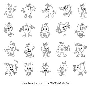 Funny apple character set in retro cartoon style showing various emotions and activities with accessories like, balloon, book and flower for yours illustration and creative projects
