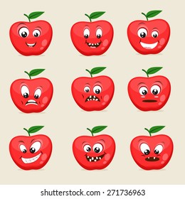 Funny apple character showing different facial expressions on beige background. 