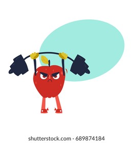 Funny apple character working out in gym, lifting barbell, comic, cartoon vector illustration isolated on white background. Funny serious red apple character, sportsman lifting barbell, bodybuilding