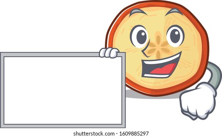 Funny apple chips cartoon character design style with board